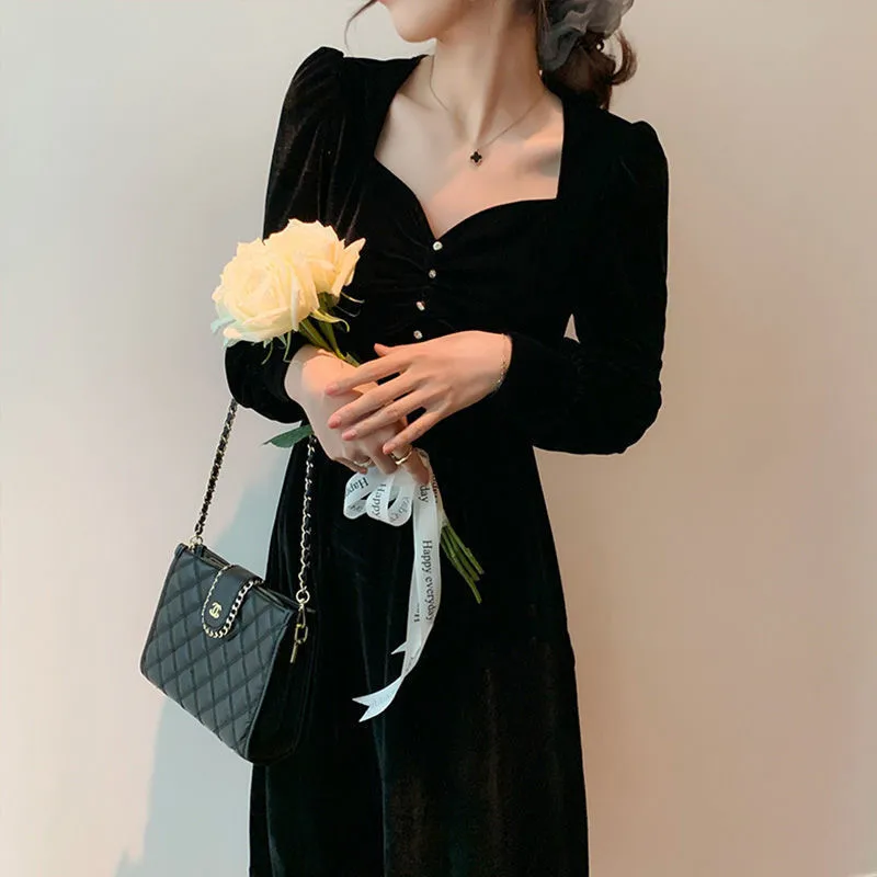 Dress Women spring/summer Solid Color V-neck Long Lantern Sleeve Buttons Dresses Casual Vestidos Dropshipping Sale GXYD323