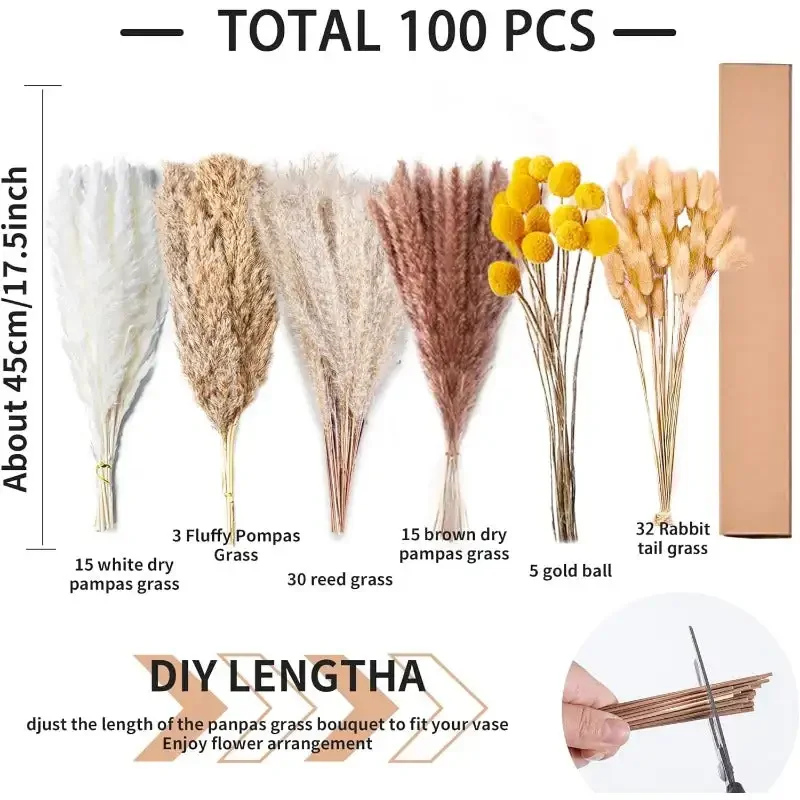 100PCS Natural dry Pampas Grass Decor - 17.5 "Fluffy Grass Bouquet - Decor fiori secchi per la festa in casa della stanza floreale di nozze