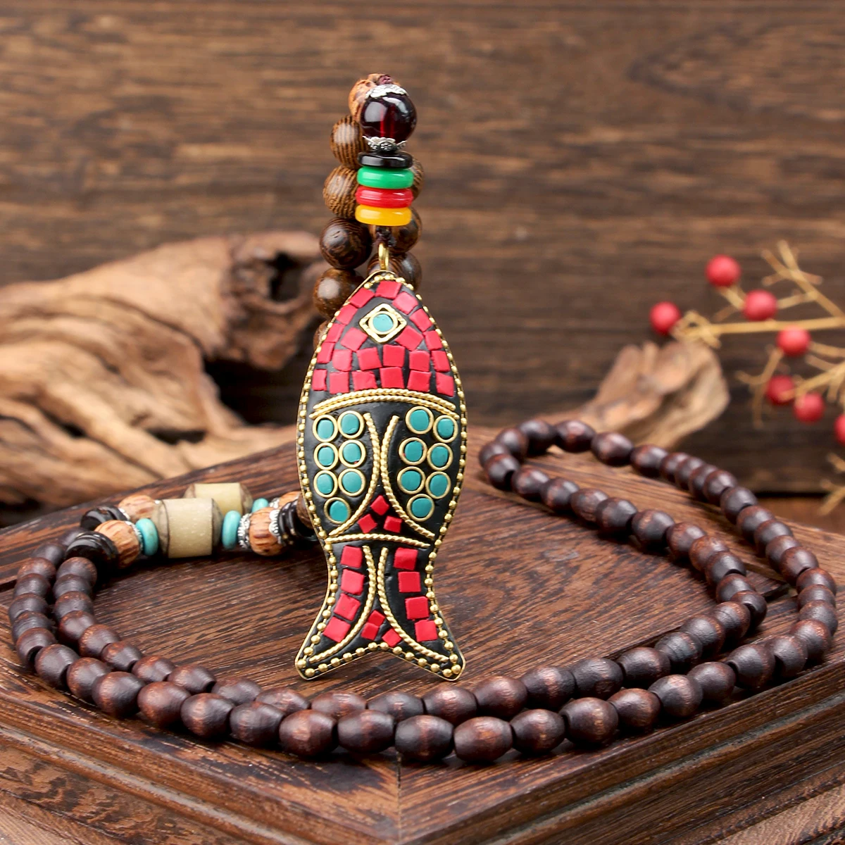 Yumfeel Handmade เนปาลสร้อยคอพุทธ Mala ลูกปัดไม้จี้และสร้อยคอฮอร์นปลายาวสร้อยคอประดับผู้หญิงผู้ชาย