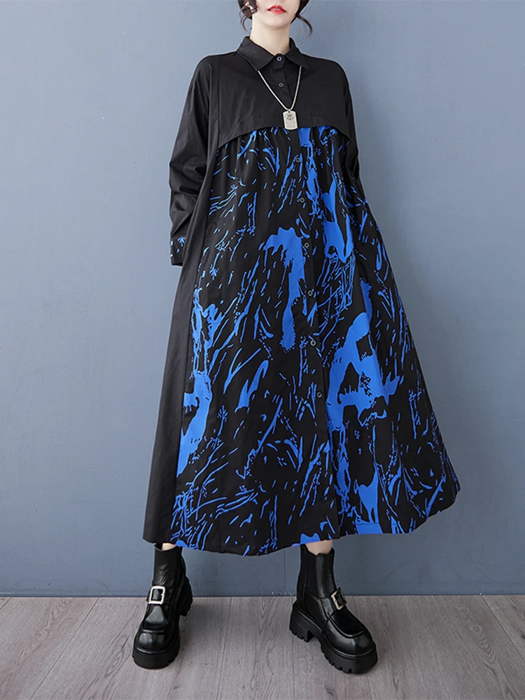 NYFS 2025 فستان نسائي ربيع الخريف فضفاض حجم كبير طباعة المرقعة فساتين طويلة رداء Elbise كم طويل نمط غير رسمي
