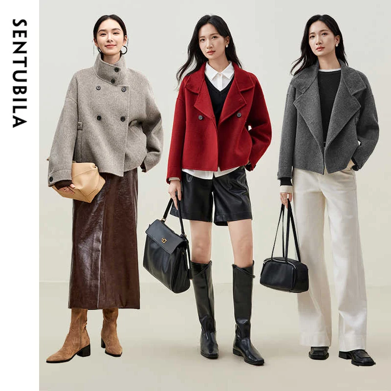 SENTUBILA 100% Wool Coats for Women Winter Jackets 2024 Stand Turtleneck Double Sided Short Outerwears Female Clothes W44O56626