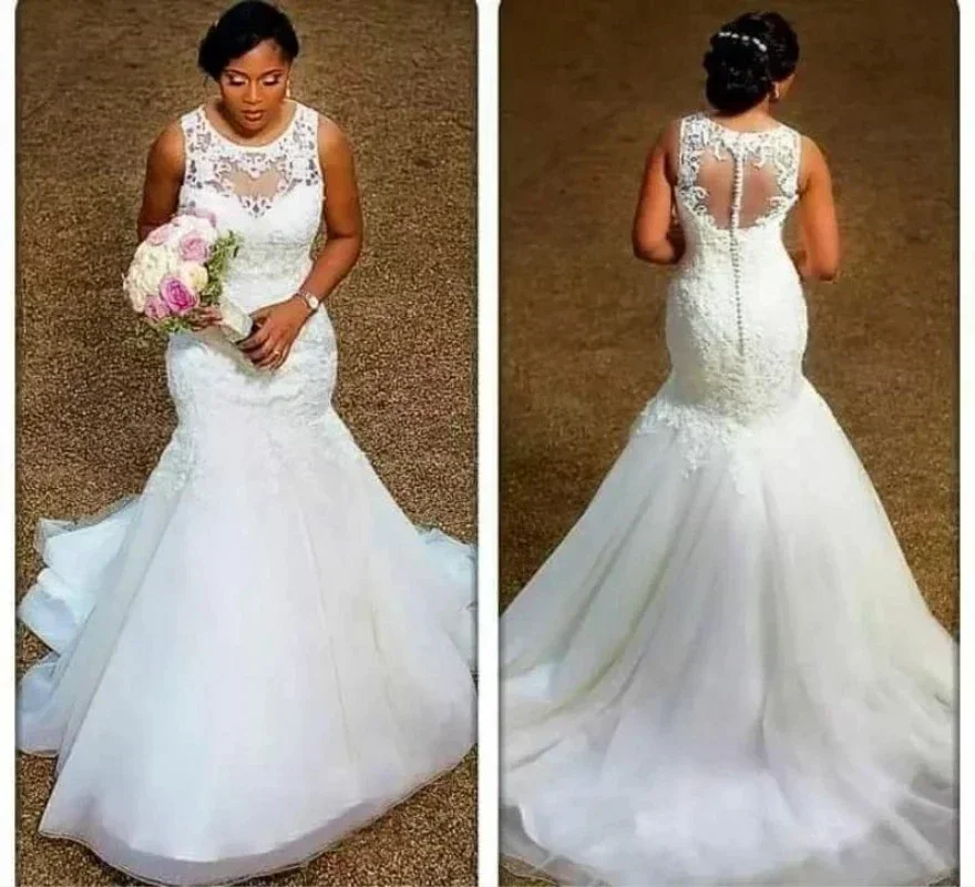 Customized Elegant Mermaid Wedding Dresses Sheer Neck Pretty Lace Appliques Tulle Plus Size Custom Made Gowns Cheap Bridal