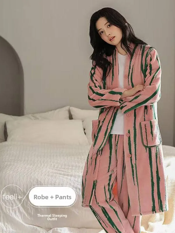 Thickened Coral Fleece Pajamas Set for Women Long Sleeve Home Clothes Warm Autumn Winter New Style V-Neck Button Front Sleepwear