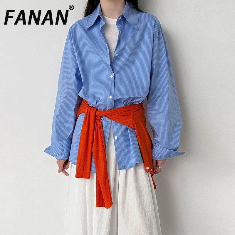 

FANAN Women Casual Minimalist Striped Shirt Irregular Hem Lapel Long Sleeved Top New Spring 2026 Collection