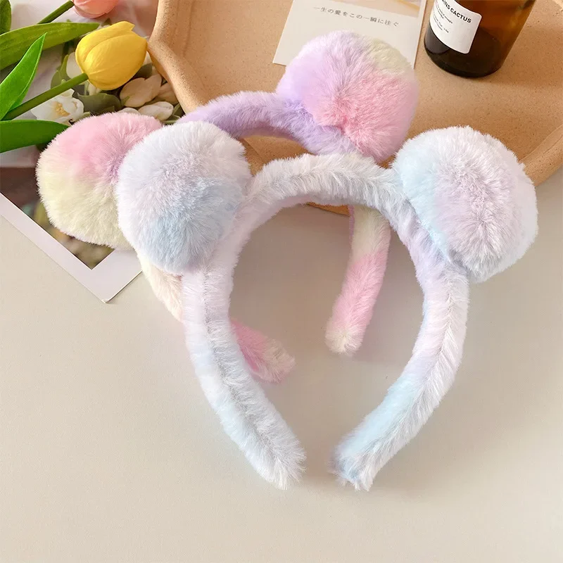 Cute gradient plush bear ear headband women's autumn and winter fashion face wash hair band mask special color headwear