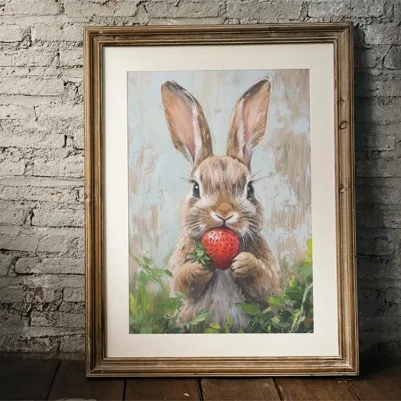 Easter rabbit strawberry Print, Spring bunny vintage Prints Wall Art, Easter Bunny Print Cute Easter Rabbit, Bunny Painting