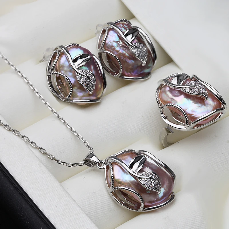 Natürliches Süßwasser-Barockperlen-Set mit Halskette und Ohrringen für Damen, großes 925er-Silber-Perlen-Schmuckset, Geburtstagsgeschenk für Ehefrau oder Mutter, weiß. – Detail 3