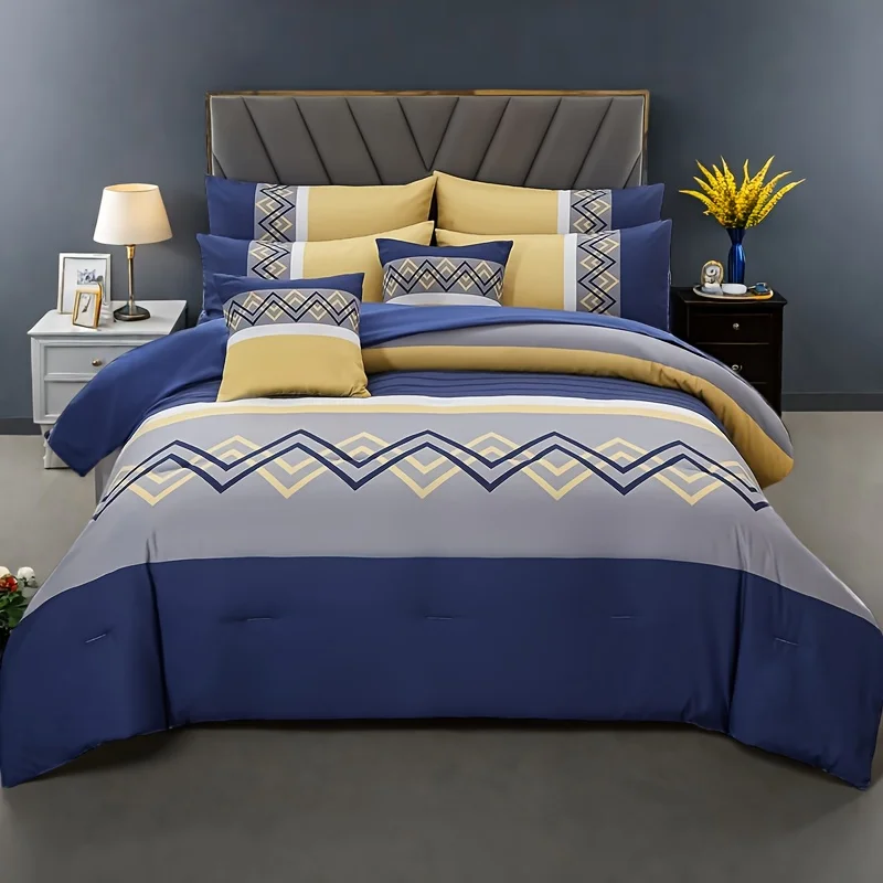 6-Piece Geometric Pattern Microfiber Comforter Set For Full Queen King Bed
