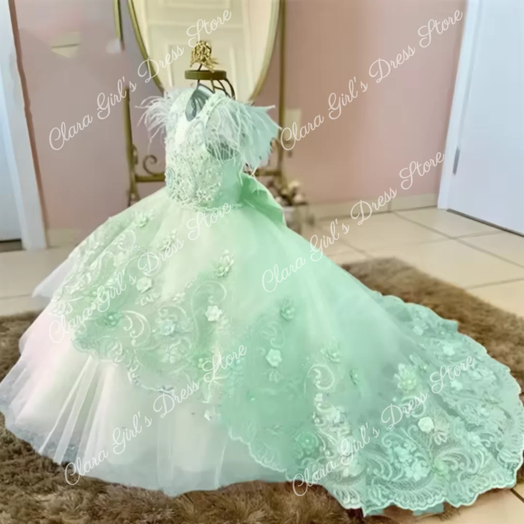 White Pearl Flower Girl Dress Wedding Puffy Sleeveless Princess Dress Suitable for Birthday Parties Christmas  First Communion