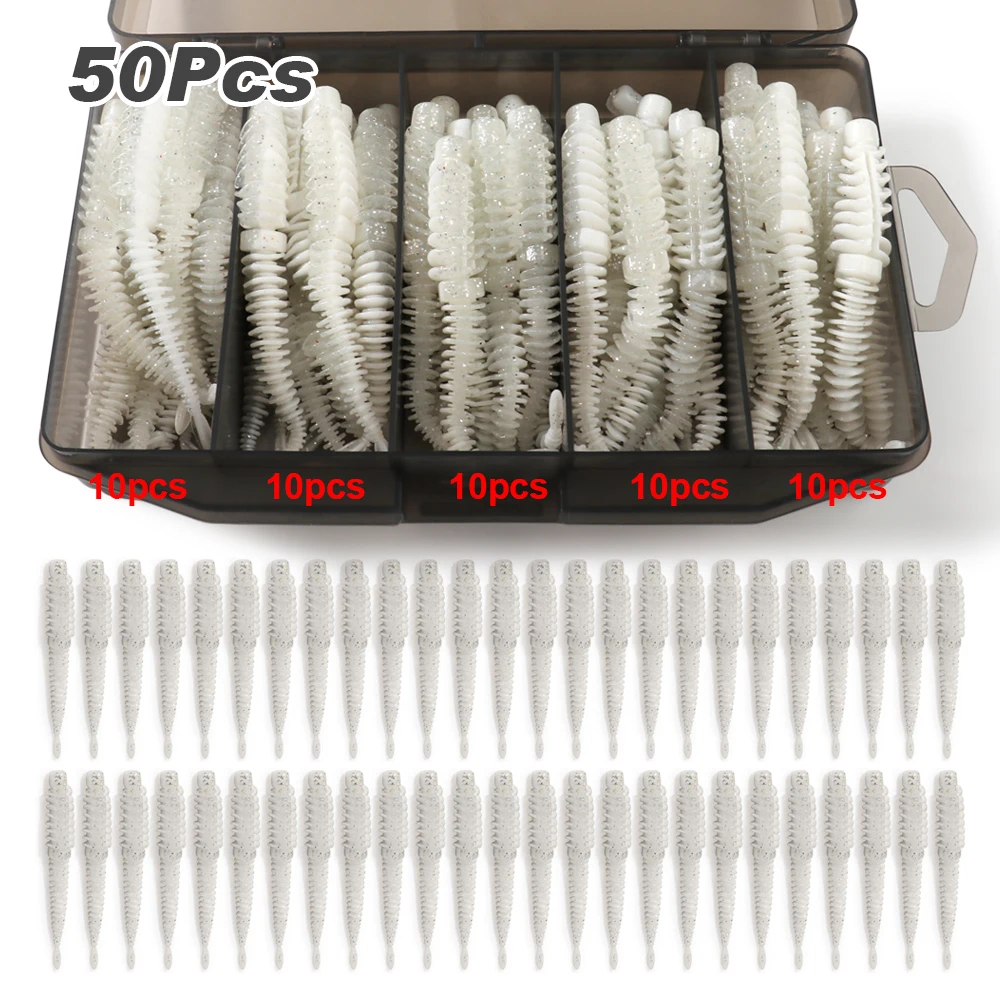 50 Stück/Box Weiche Köder 6,5cm 7,5cm 8,5cm TPE-Wurm mit Jighaken Karpfenangeln Pesca Swimbait-Ausrüstung Fischgeschmack Angelzubehör-Box Köder
