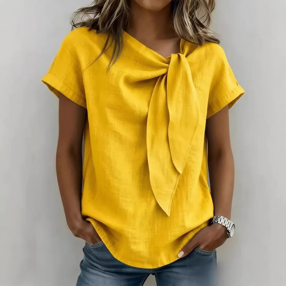 New spring and summer cotton and linen short sleeves Women Stylish Directed Fashion Comfortable Fit Ladies' Collar Top  Elegant