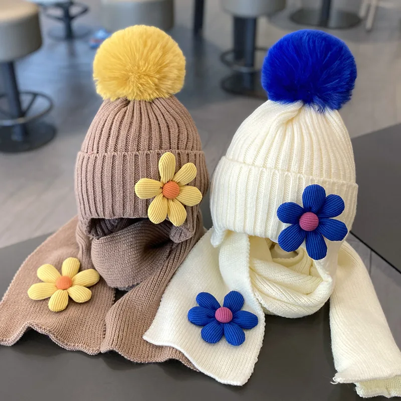 12 Colors Winter Girls Warm Cute Flower Knitted Hats Children Outdoor Beanie Hat with Scarf Kids Cap Headwear Accessories 2-5Y