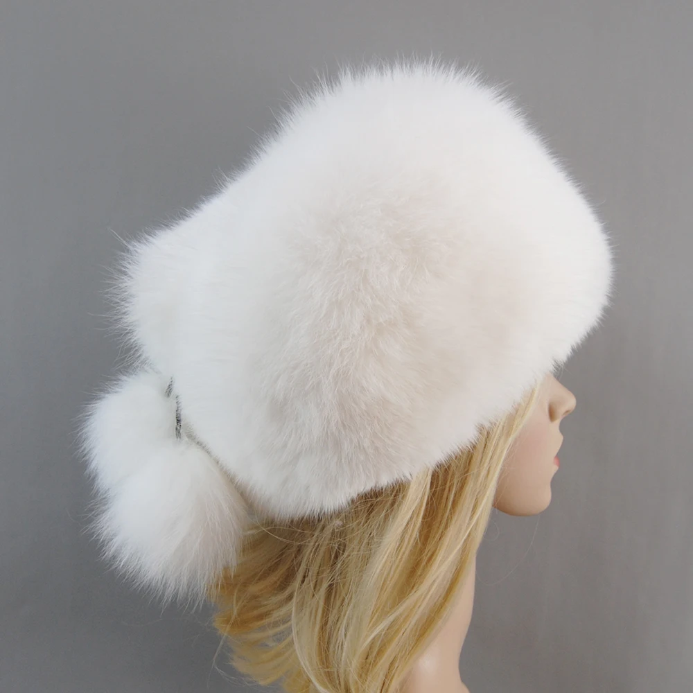 New Style Full Pelt Fluffy Lady 100% Natural Fox Fur Bomber Hats Russian Luxury Women Winter Warm Genuine Fox Fur Beanies Hat