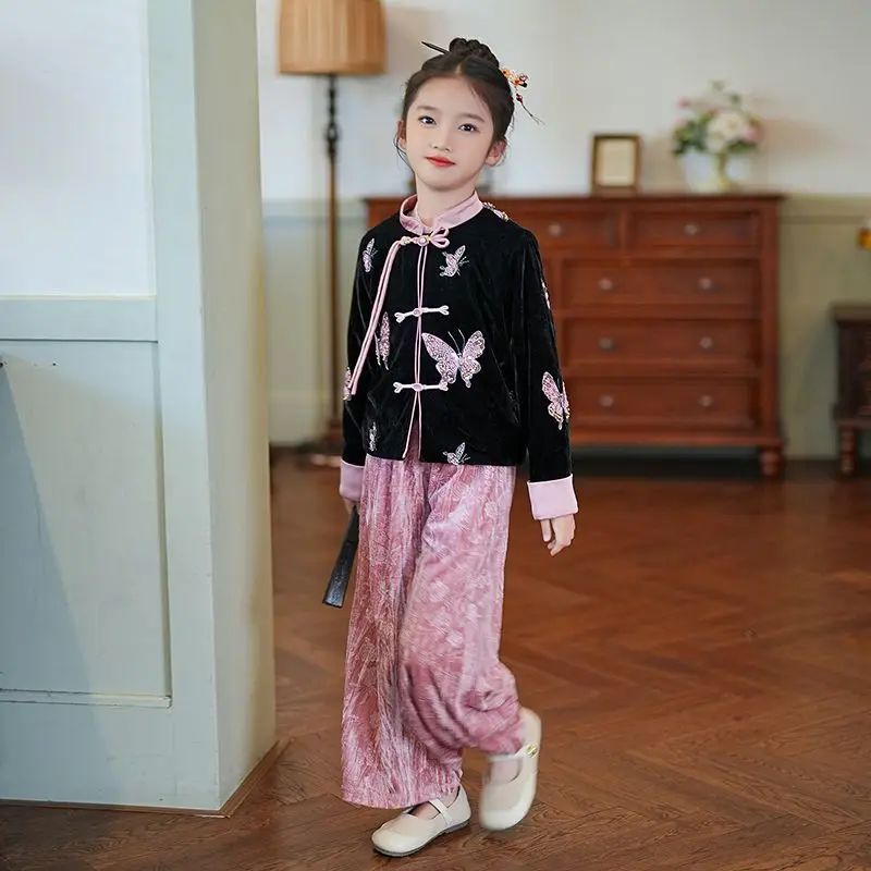 Girls' New Chinese Embroidery Ancient Chinese Costume Hanfu Set 2026 New Children's Ancient Long-sleeve Hanfu 2-piece Set LI652