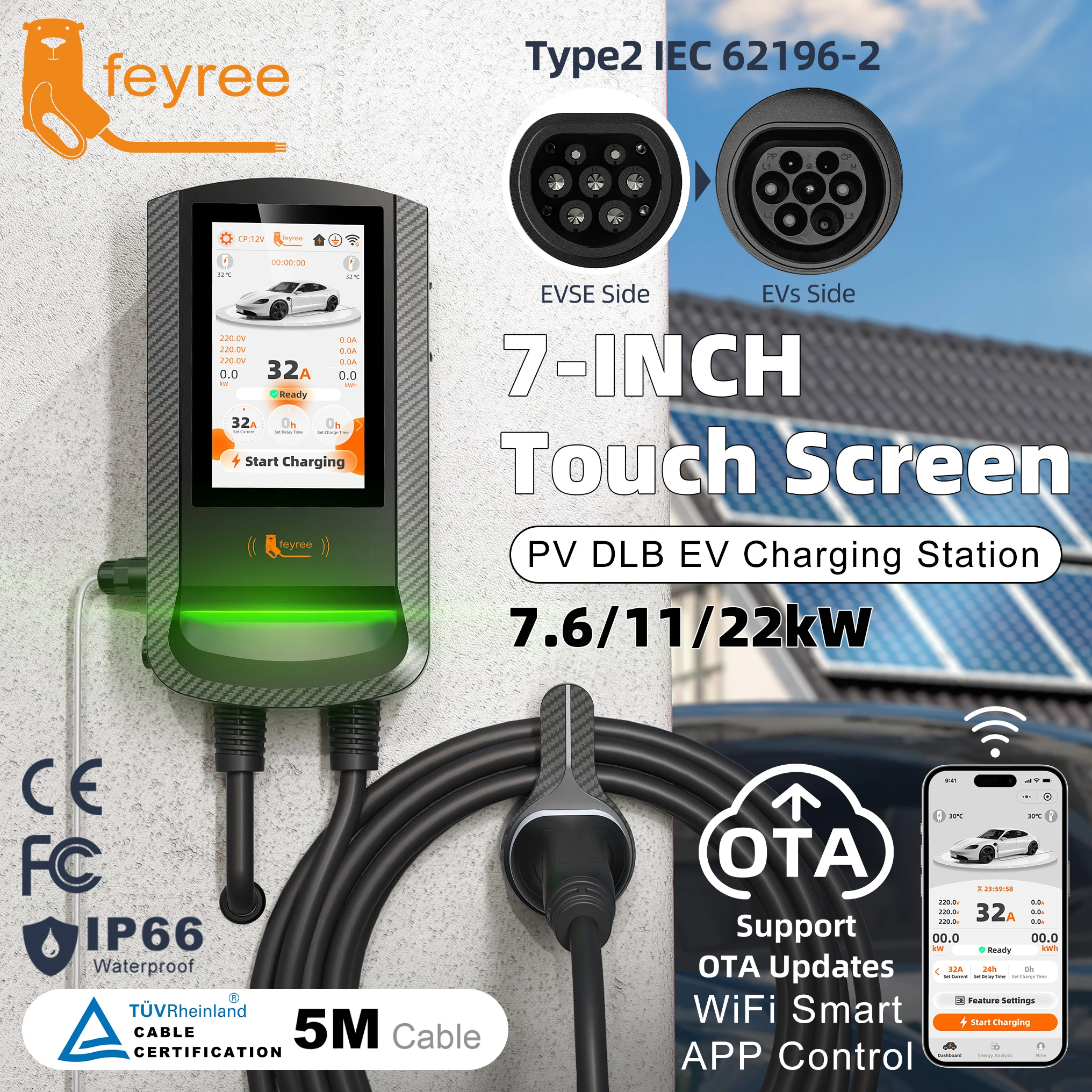 Feyree PV Solar DLB Type2 7/11/22KW EV Charger Wallbox  APP Control OTA Upgrade Charging Log Home Wallbox