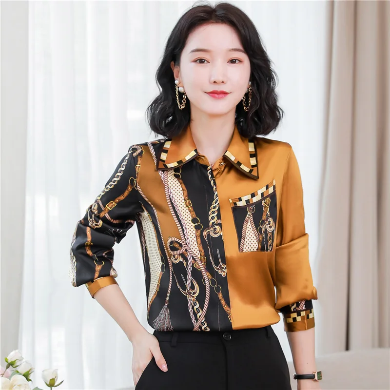 Silk Women\'s Shirts Satin Printed Vintage Blouses Loose Long Sleeves FASHION Spring/Summer Ladies Clothing New Polo Neck Tops