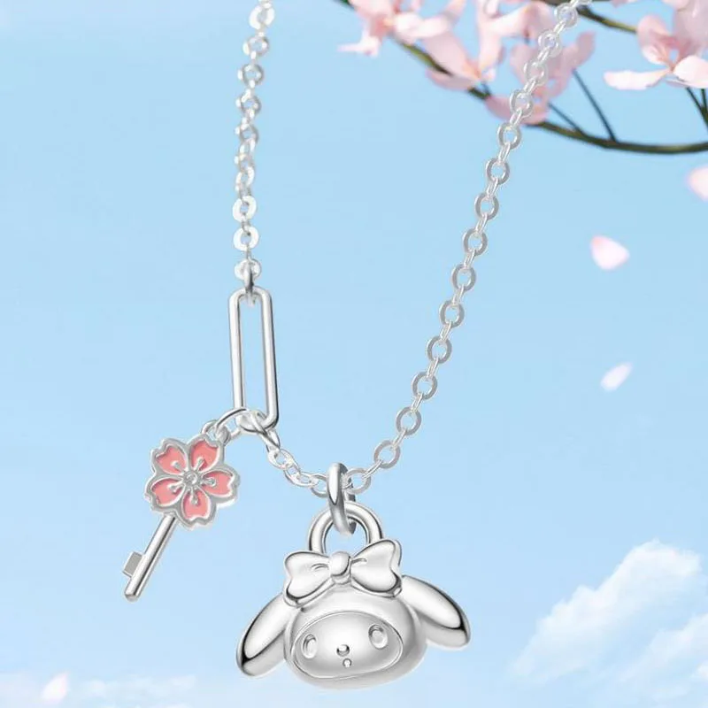 

New Sanrio Mymelody Cherry Blossom Necklace Female Sterling Silver Advanced Design Fashion Kawaii Girl Pearl Necklace