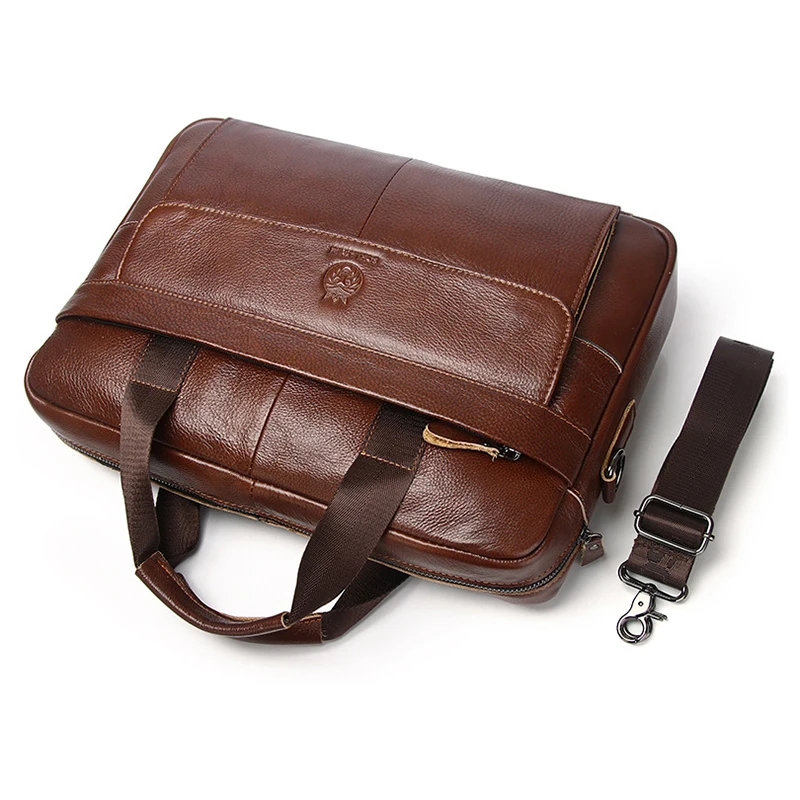 Top Layer Genuine Leather Briefcase for Man Vintage Office Business Luxury High Quality Shoulder Side 15.6 inch Laptop Bag Male