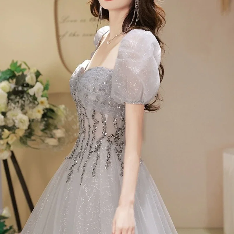 Customized Elegant French Square Collar Puff Sleeve Vestidos Aesthetic Sequin Appliques Slim Waist Princess Dress Sweet Mesh Tie