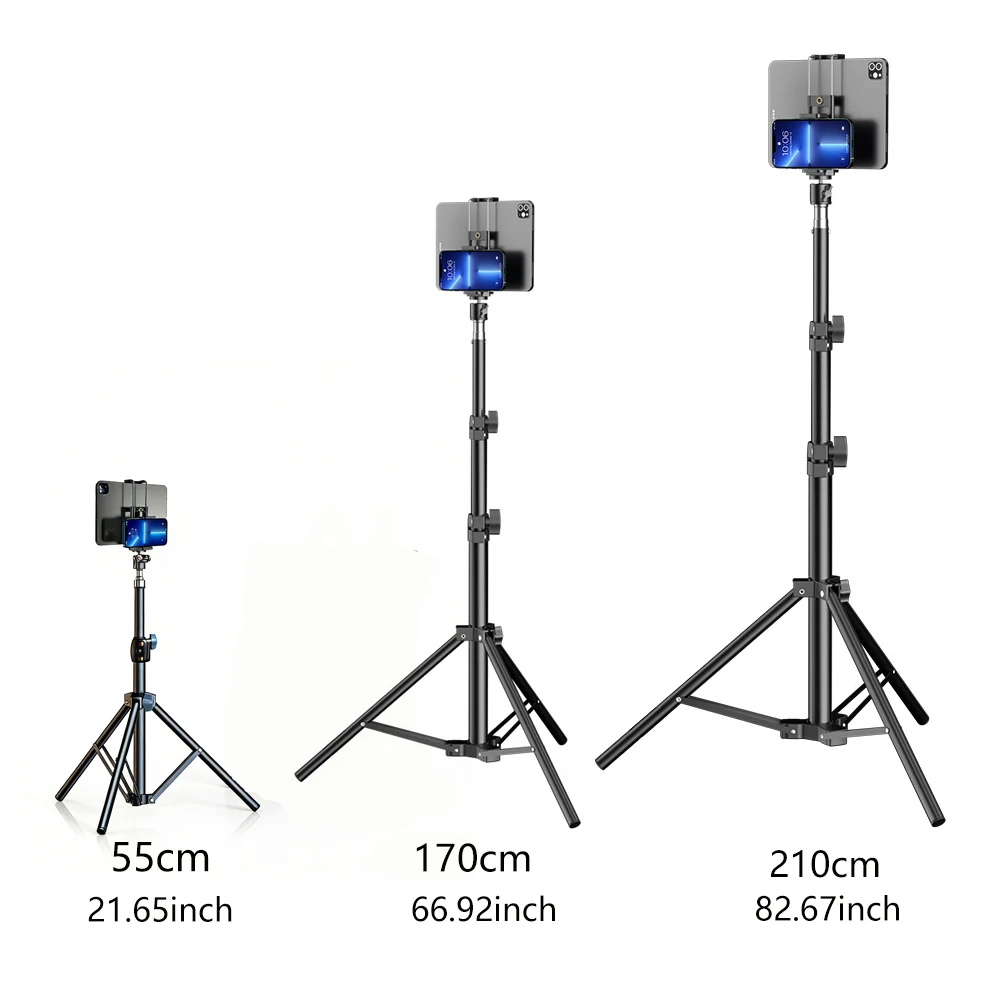 Telescopic Tripod Holder Measuring 55cm-210cm Dual Clips for iPhone Samsung Xiaomi iPad - Adjustable Height Mount Stand