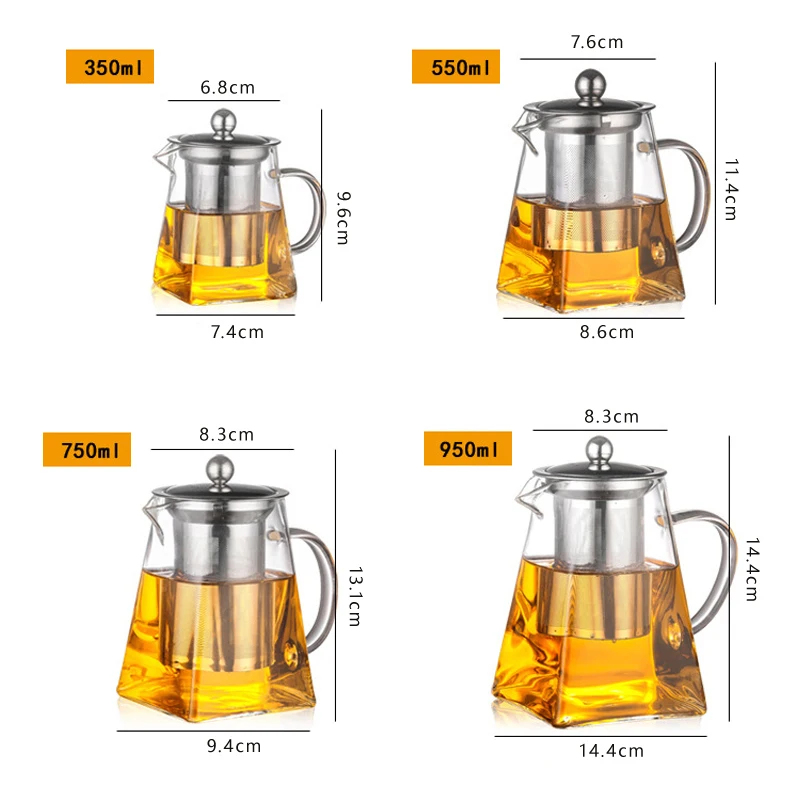 

Kung Fu Tea Sets Heat Resistant Glass pot With Stainless Steel Infuser Clear Kettle Square Filter Heated Container Pots