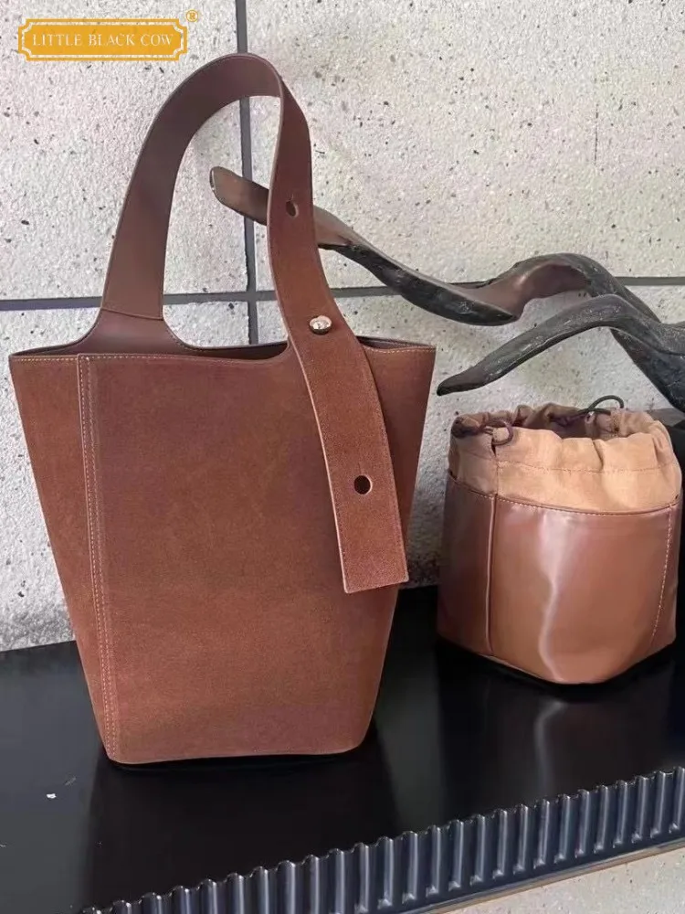 Vintage Design Genuine Leather Bucket Bag Autumn Women Suede Large Capacity Single Shoulder Bag Harajuku Casual Tote Handbag