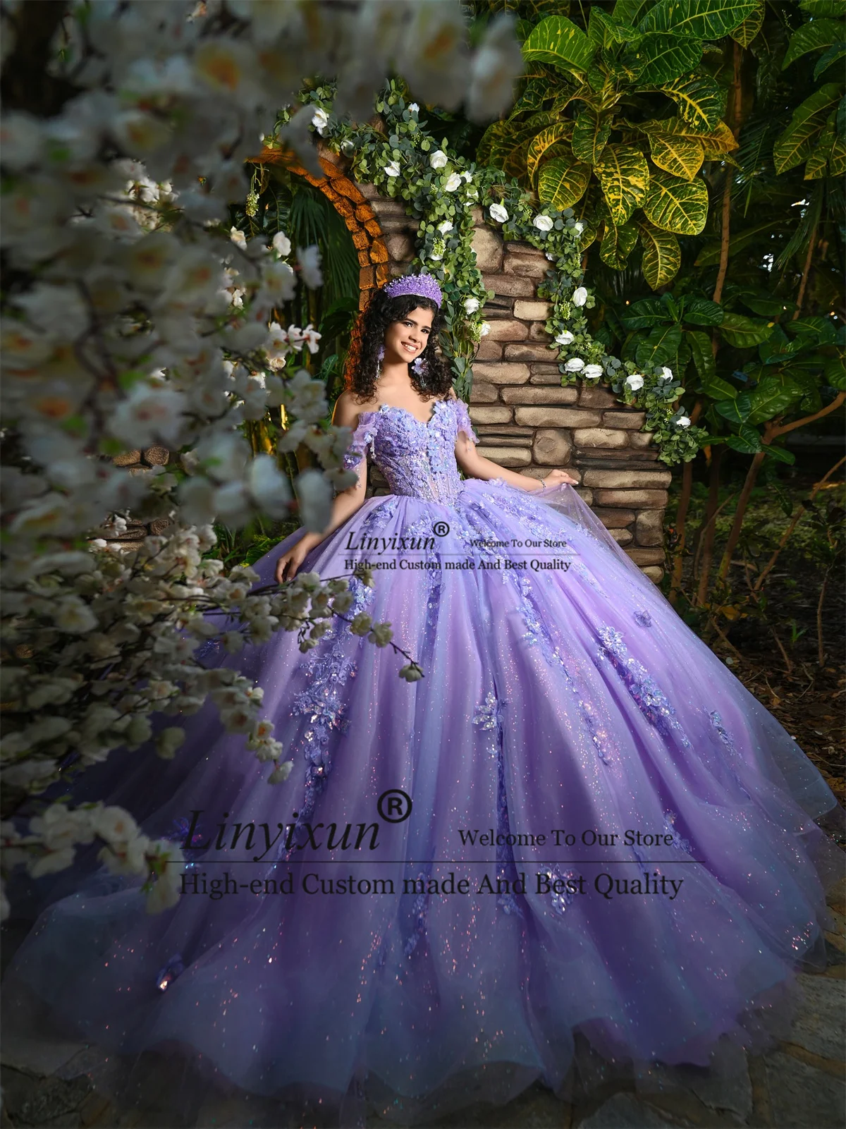 

Princess Ball Gown 3D Floars Quinceanera Dresses With Lace Appliques Sweet 15 16 Gown Customized Off Shoulder Vestido De 15 Anos
