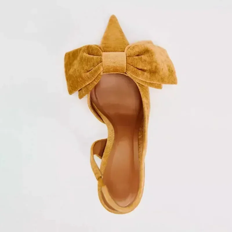 Designer กํามะหยี่ Slingback รองเท้าส้นสูงรองเท้าแตะผู้หญิงโบว์ตกแต่งสายคล้องคอชี้ Toe รองเท้าส้นสูงรองเท้าผู้หญิงปั๊ม