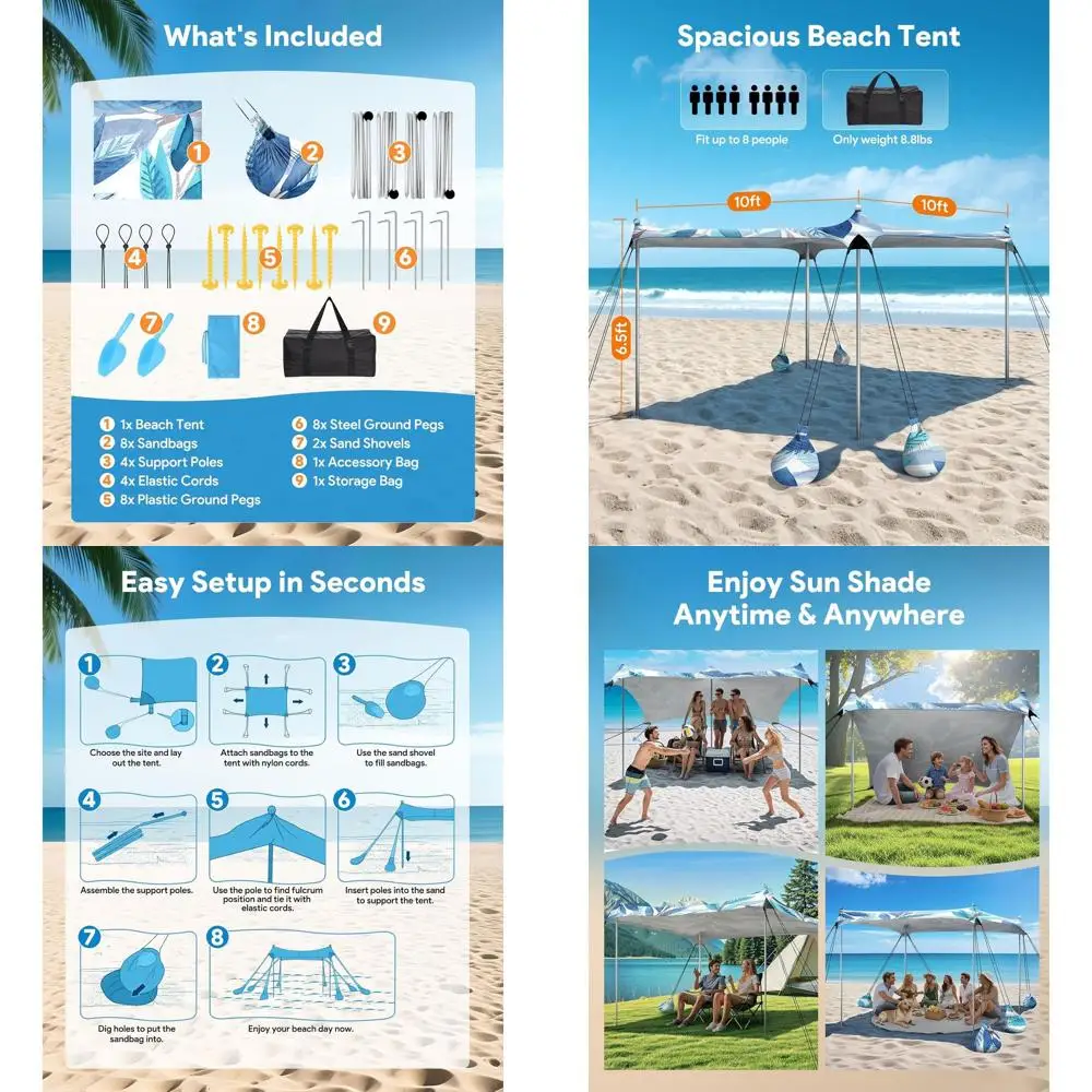 

10x10 Foot Beach Tent with UPF50+ Sun Protection, 8 Sandbags & 4 Poles for Outdoor Activities