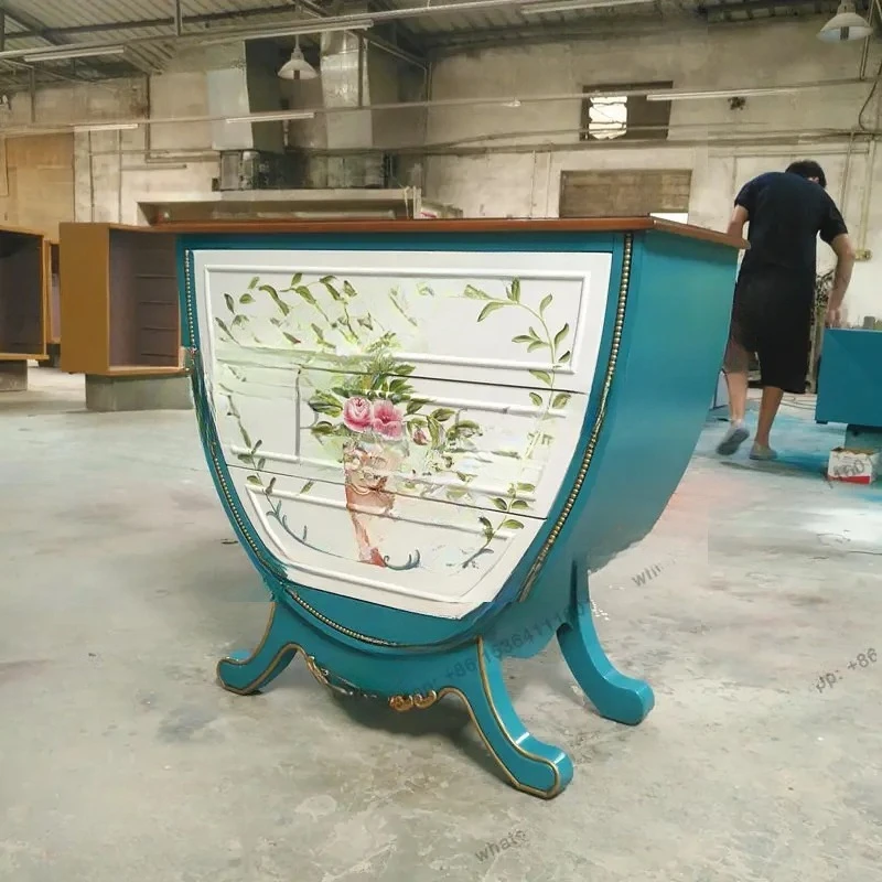 Q  furniture retro hand-painted three-bucket porch cabinet walnut blue locker