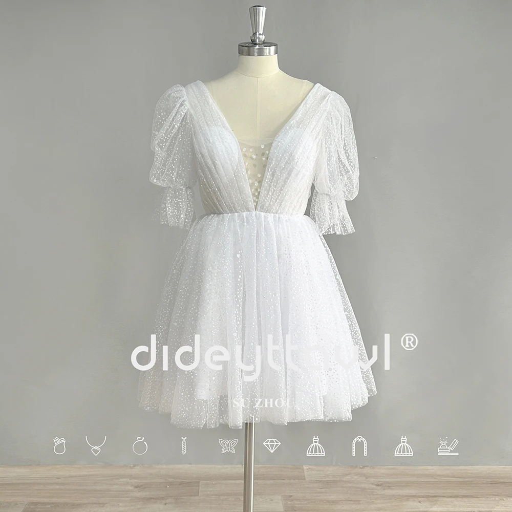 DREAM Customized Deep V Neck Mini Wedding Dresses Dot Tulle Short Puff Sleeves Bride Gown Backless Above Knee Boho Bridal Dress