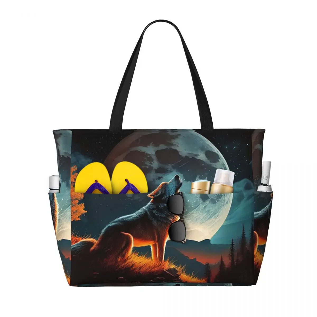 Howling Wolf Under The Moonlight Print Beach Tote Bag Sport Gym Yoga Duffle Large Tote Bag Women Travel Bag Fitness bag