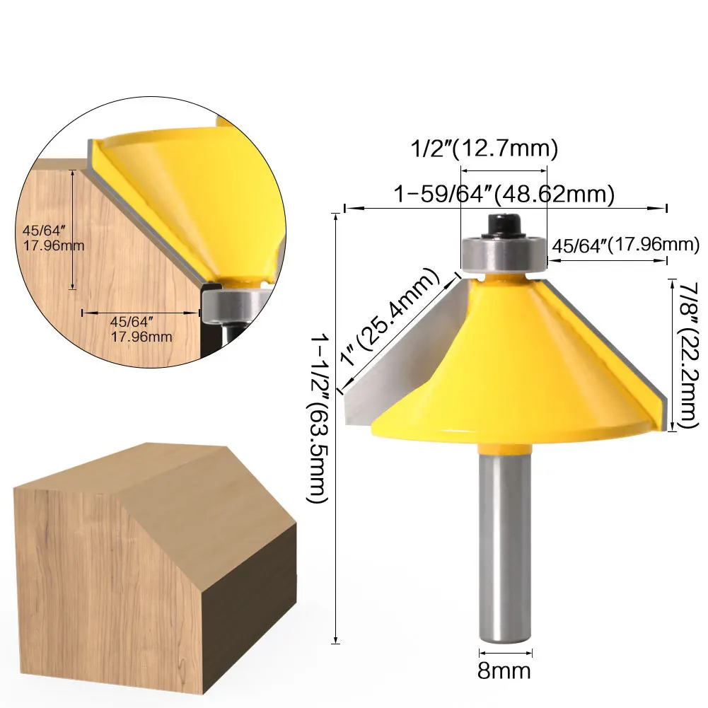 1pc 8mm Shank High Quality Large 45 Degree Chamfer & Bevel Edging Router Bit Wood Cutting Tool woodworking router bits