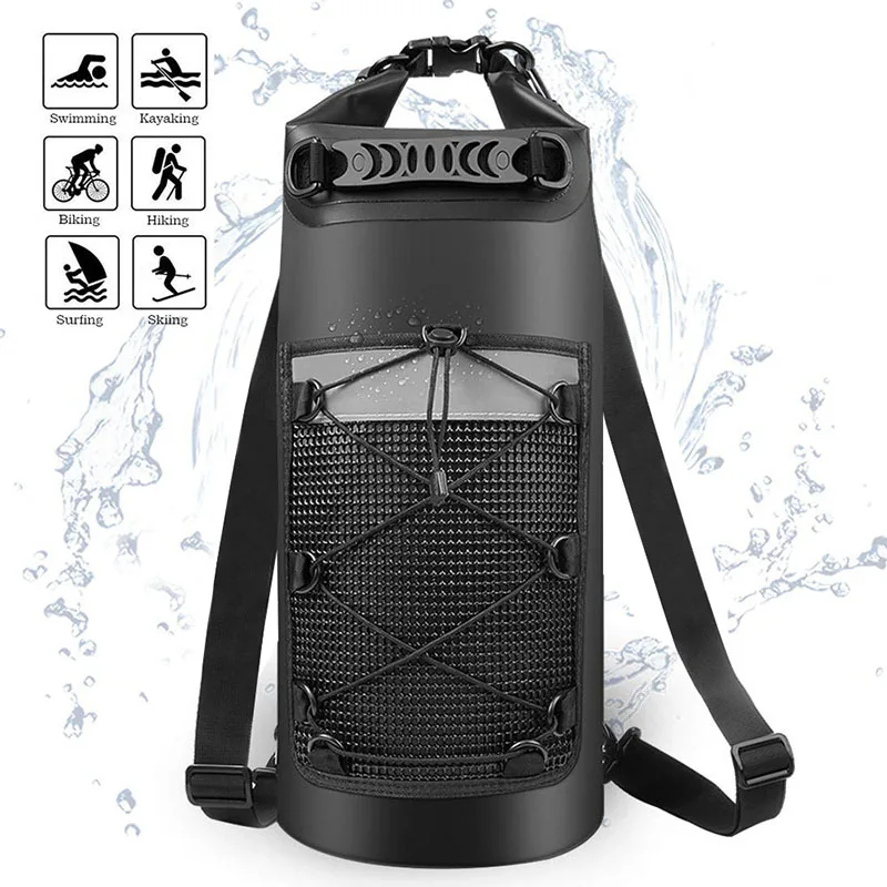 Waterproof Dry Bag with Mesh Pocket & Adjustable Straps Beach Bucket Bag Outdoor Hiking Boating Camping & Swimming Backpack