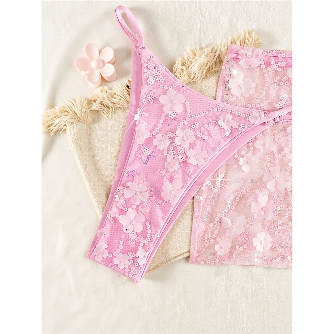 S - XL Dreiteiliges Bikini-Set mit Rock, Blumen, Pailletten, Damen-Bikini, Badeanzug, Badebekleidung, Badeanzug, Schwimmbekleidung V7864 – Detail 7