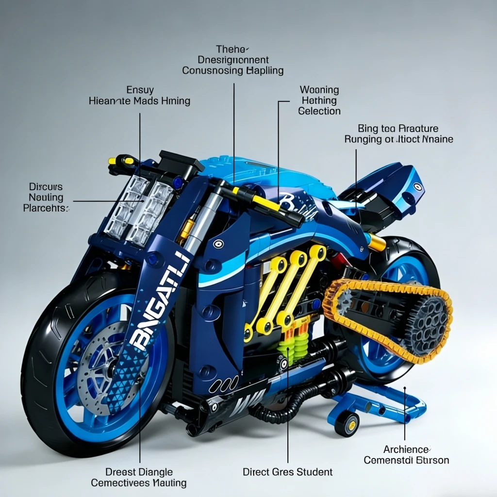 Blue Track Motorcycle MOC Blocks, compatible with interlocking building blocks, adult high-tech assembly kit gift.