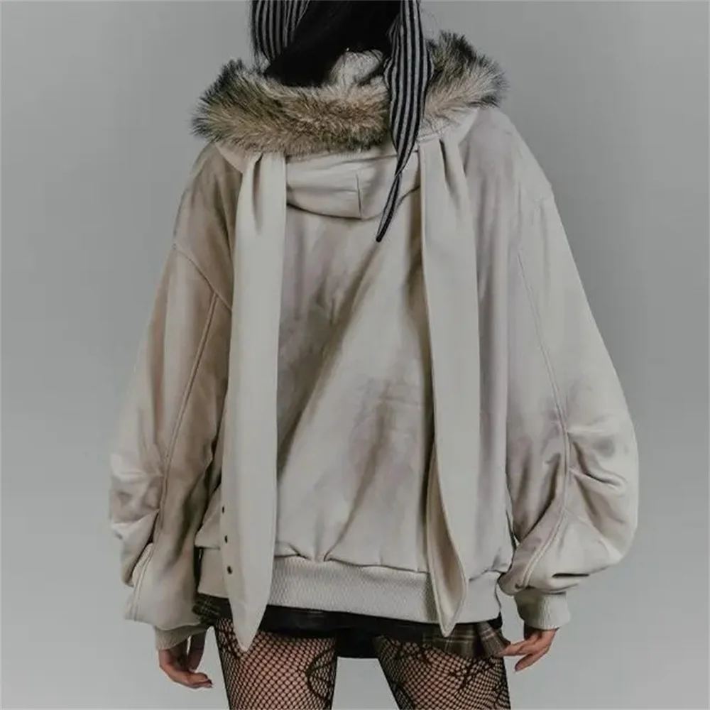 

Printed Fur Collar Rabbit Ear Harajuku Hoodies Classic Style Gothic Y2K Zip Up Gray Sweatshirts for Women's Thick Velvet Tops