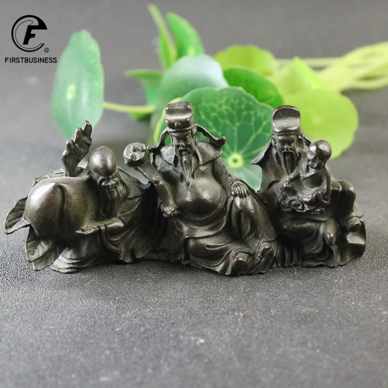 Antique Bronze Taoism Three Gods of Blessing Wealth Longevity Statue Pure Copper Buddha Figurines Ornaments Feng Shui Home Decor