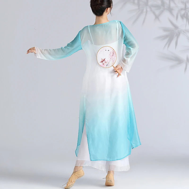 เสื้อคลุมชีฟองสำหรับเต้นรำแบบคลาสสิกสำหรับผู้หญิง เสื้อคลุมยาวทรงหลวมสำหรับนักเต้น ชุดฝึกซ้อมเต้นรำพื้นบ้านจีน ชุดไล่เฉดสี