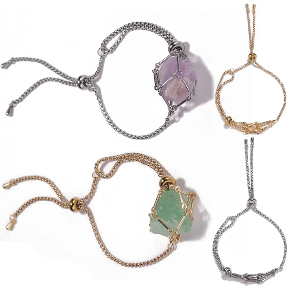 خلخال سلك قفص حجري قابل للتعديل ، ذهبي وفضي ، كيس شبكي كريستال ، سحر محظوظ ، حامل حجر فارغ ، حبل صناعة المجوهرات