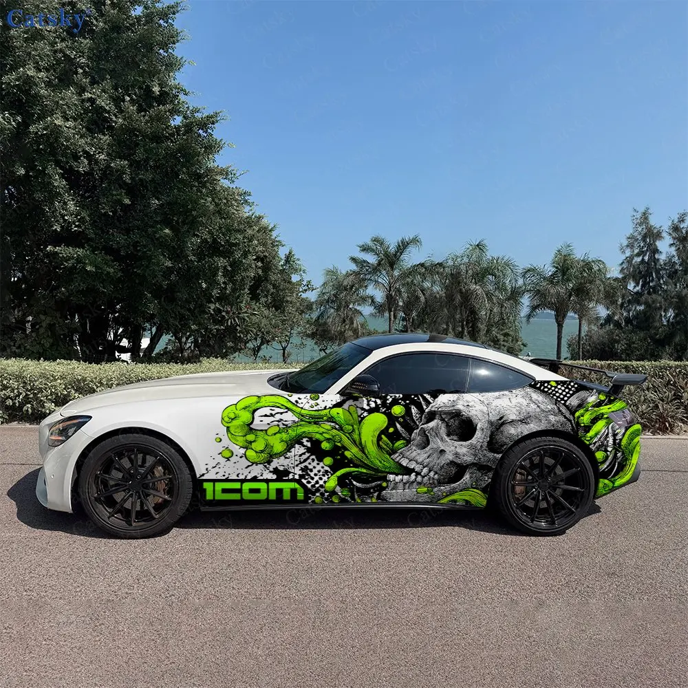 2pcs Green Splash Fluid Skull Car Side Wraps, Self-Adhesive PVC Waterproof & Scratch-Resistant Stickers, Car Accessory Gift