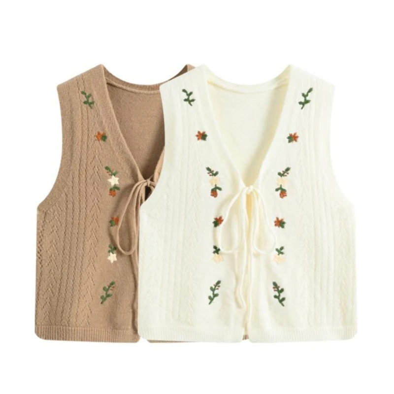 

Свитер на завязках, жилет с цветочной вышивкой, кардиган без рукавов с v-образным вырезом, вязаная куртка, женская весенне-летняя богемная одежда
