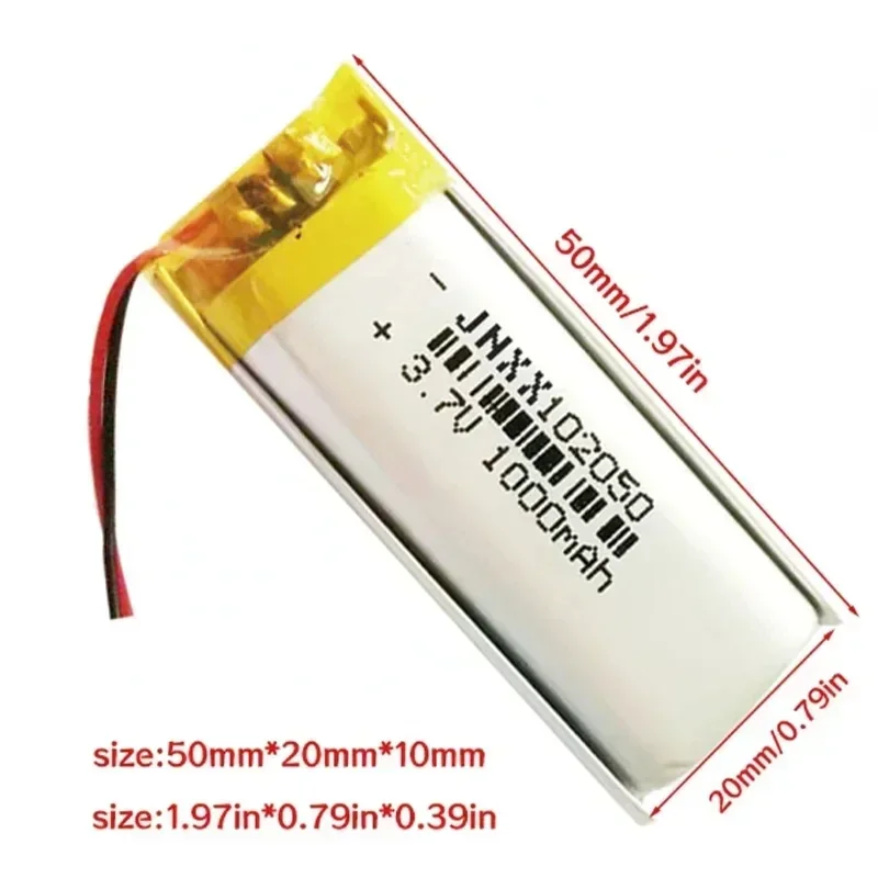 3.7V 1000mAh 102050 Lipo Cells Lithium Polymer Rechargeable Battery for GPS Recording Pen LED Light Beauty Instrument with PCB