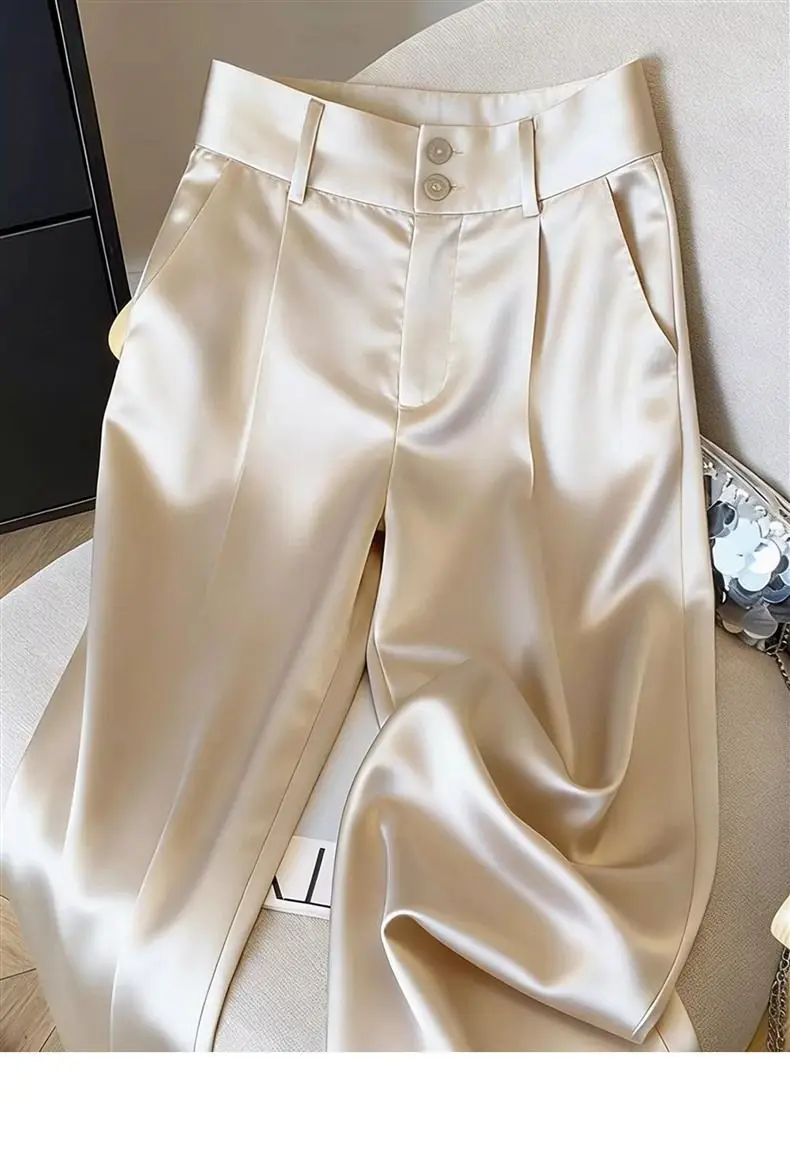 Silk Women's Pants Solid Color Champagne Ladies with Wide Leg Pants New High Waist Breathable Satin Summer Suit Women's Pants