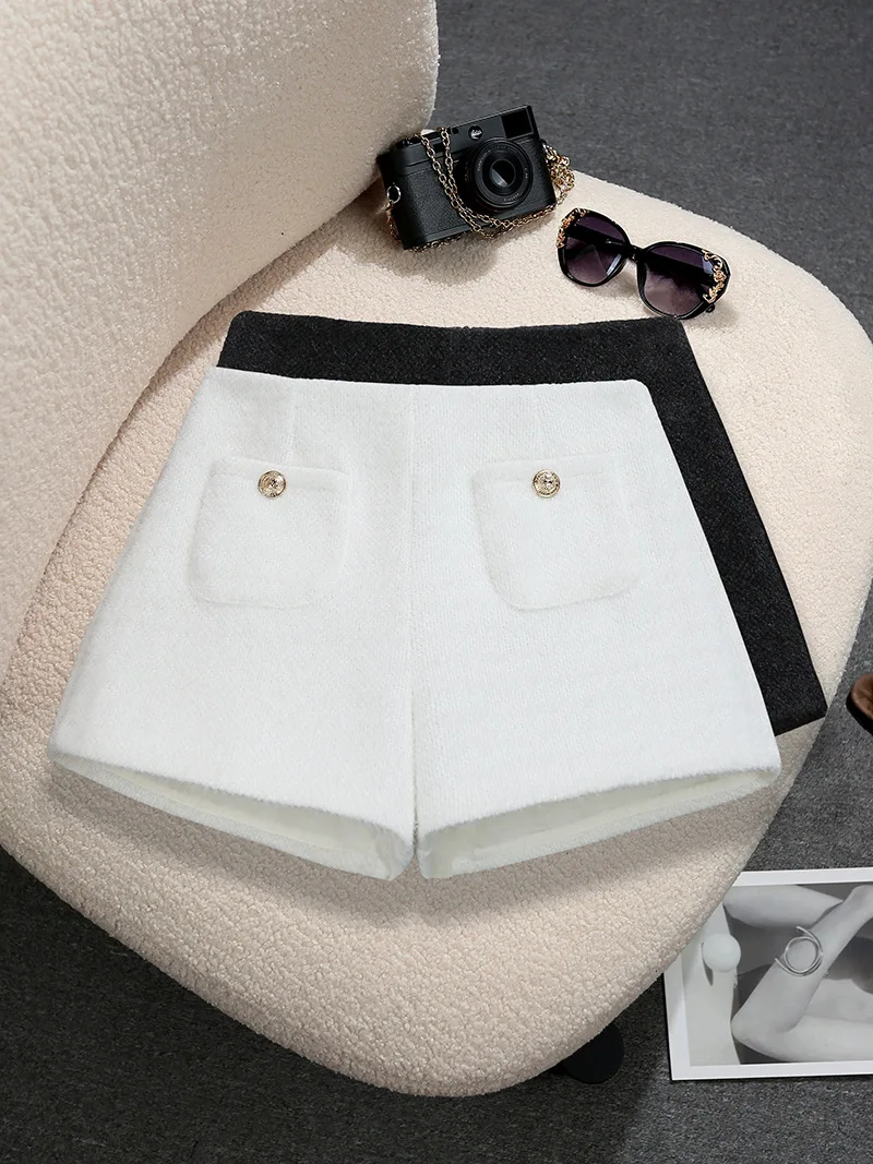 

Новые модные повседневные шорты с высокой талией, однотонные, облегающие, с застежкой-молнией, карманами, выше колена, мини-шорты с широкими штанинами, 2 цвета