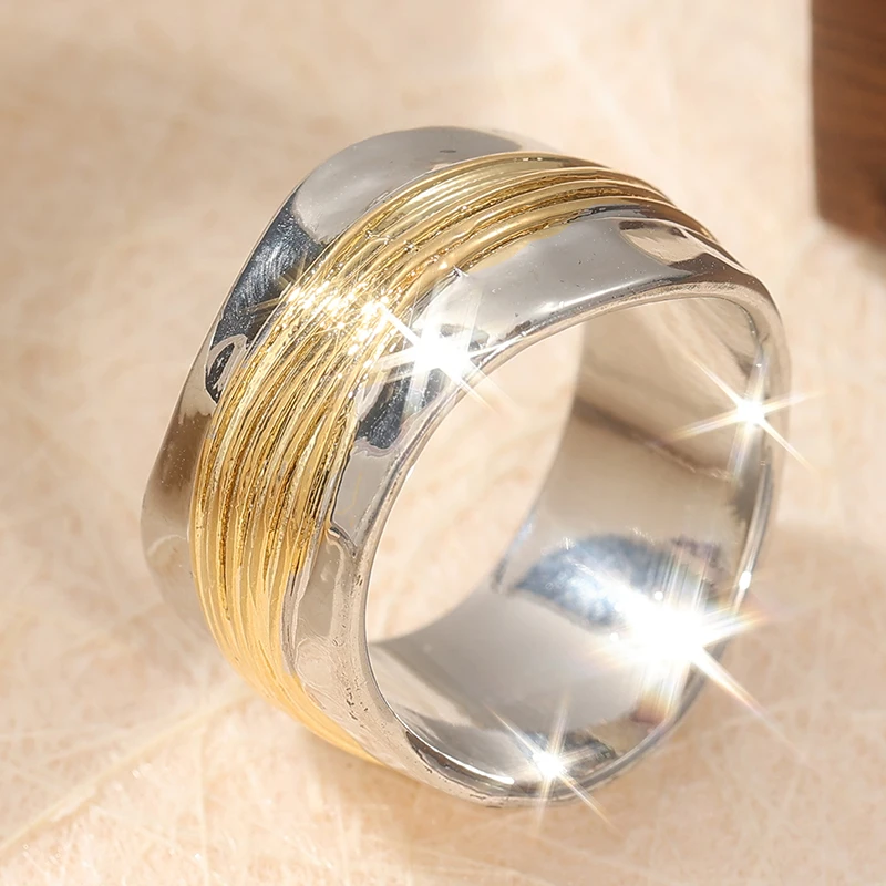 Vintage Zweifarbiger Metallring mit Handgravur für Damen Geometrischer Alltags- und Partyschmuck – Detail 4