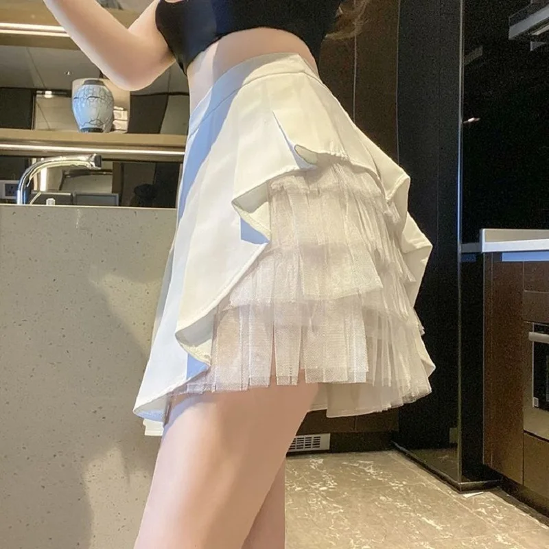 Korean Style Black Chiffon A-line Mini Skirts Designer Mesh Patched Pleated Skirts Women White High Waist Slim Short Dresses