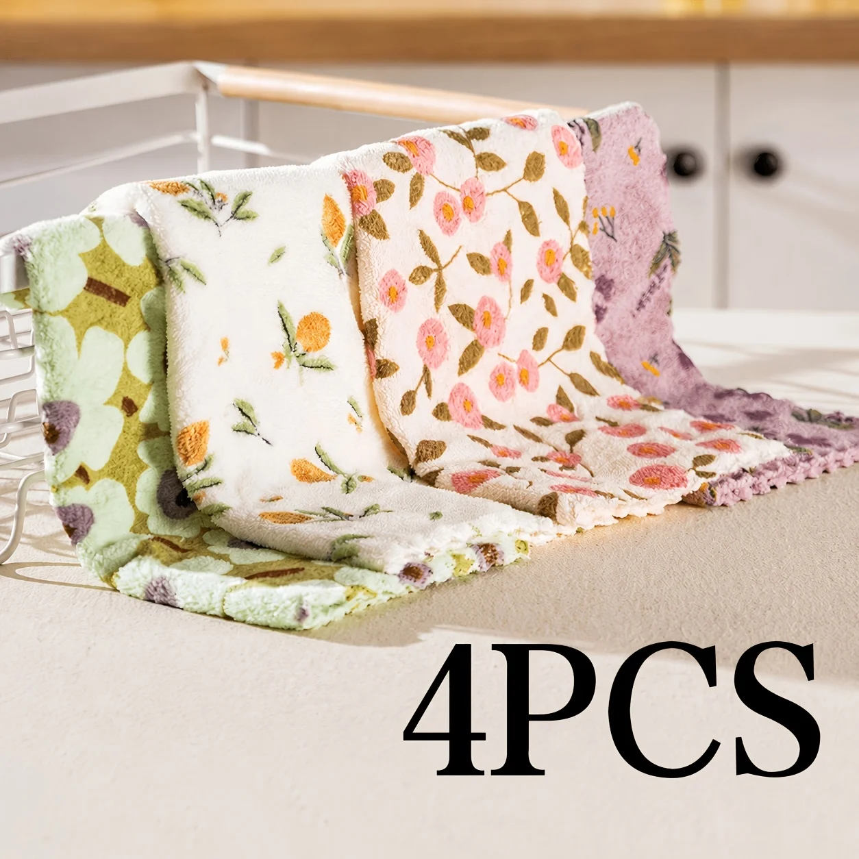 4pcs Set of Floral Coral Fleece Cleaning Cloths, Ultra-Soft And Highly Absorbent Kitchen Towels, Reusable Wet Wipes