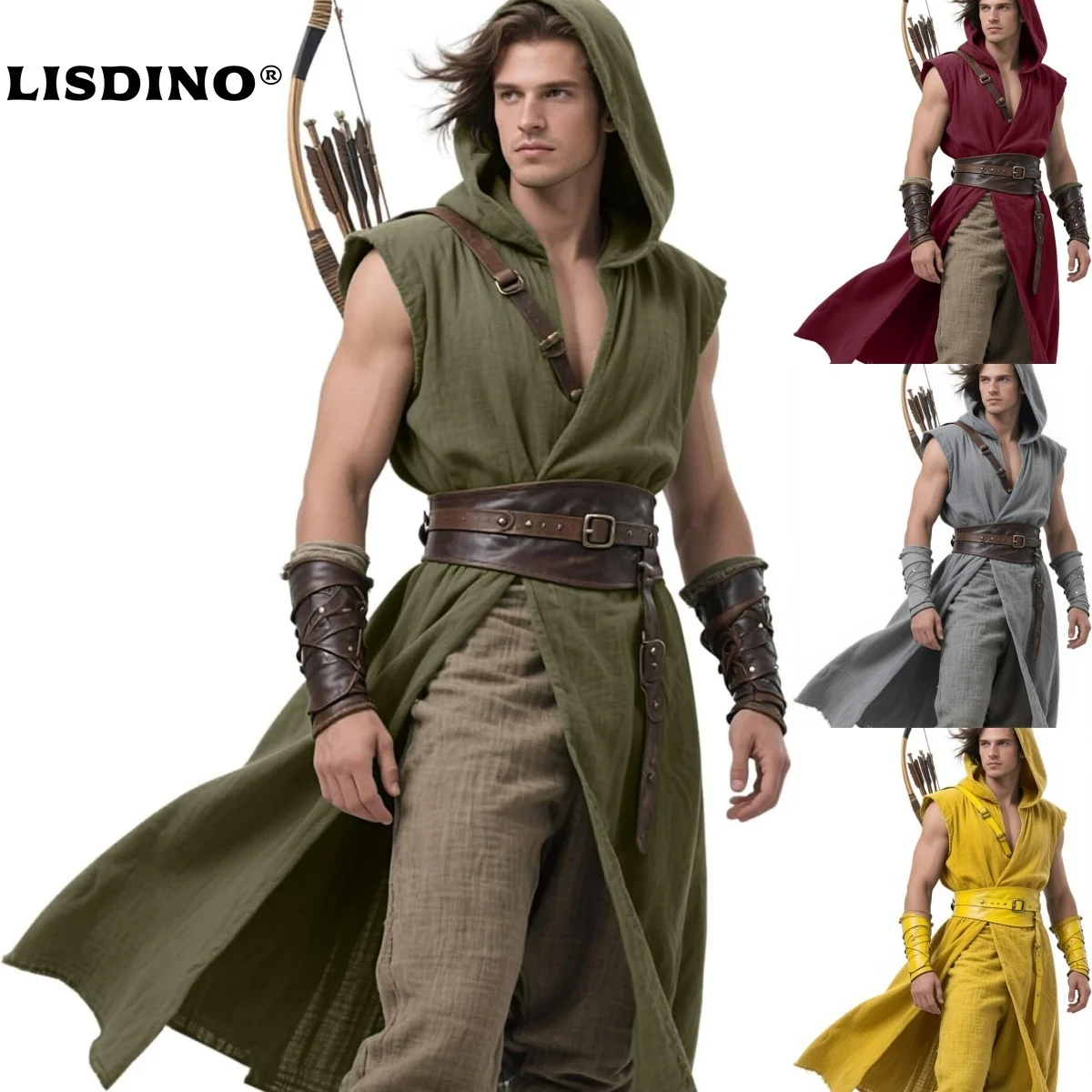 

1L'VOW Men's Medieval Hooded Surcoat Renaissance Tabard Sleeveless Tunic Cloak Viking Costume Holloween Assassin Cosplay
