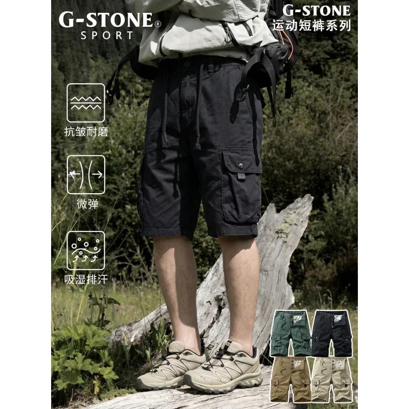 Summer retro workwear shorts men's multi-color washed cotton multi pocket five quarter pants versatile casual style